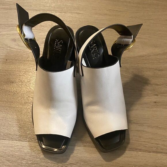 Franco Sarto white/black leather peep toe ankle strap high block heel size 5.5 - Picture 1 of 7